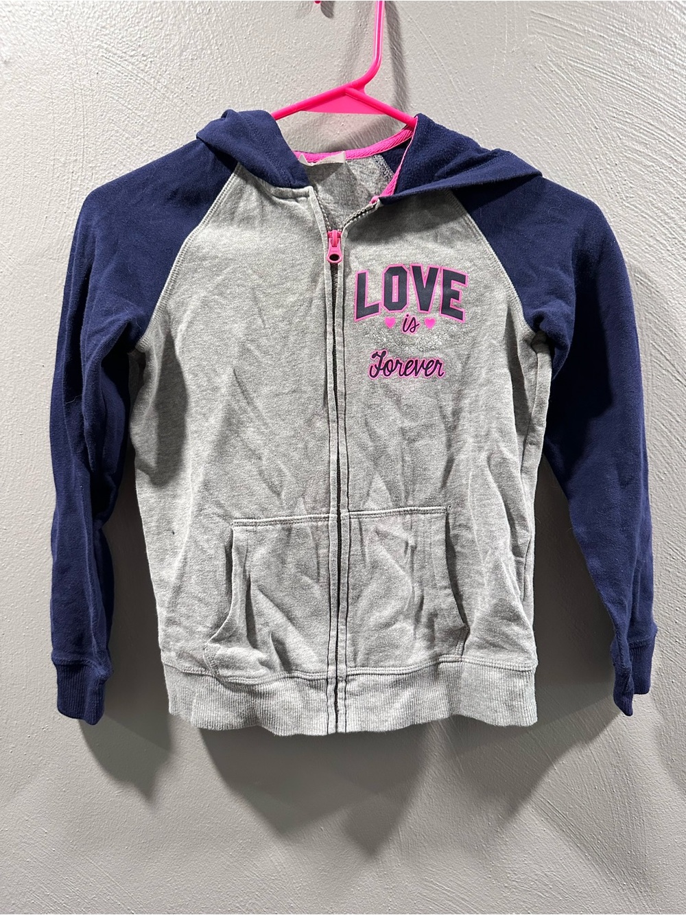 Danskin Kids Grey Zip Hoodie with Navy Sleeves and Pink Accents